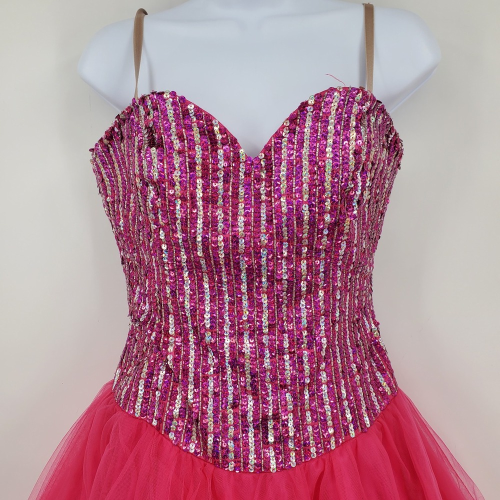 Jovani Hot Pink Sequin Tulle Fit Flare Party Dress Sweetheart 4 Hoco Prom Fomral - Picture 3 of 13